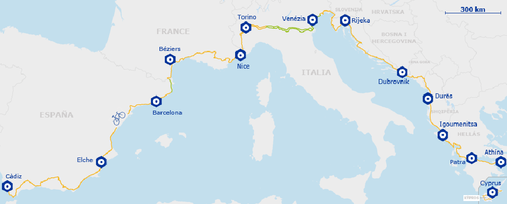 Carte de l'EuroVelo 8 (EV8) - Europe | de Cadix à Athènes (& Chypre)